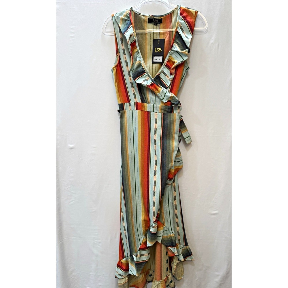 L&B Lucky & Blessed NWT Women's Sz M Serape Stripe Ruffle High-Low Wrap Dress